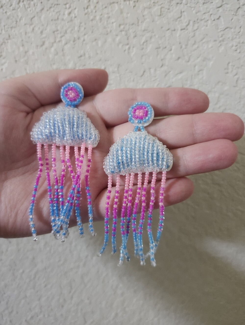 Hand-Beaded Jellyfish Dangle Earrings - Pink & Blue